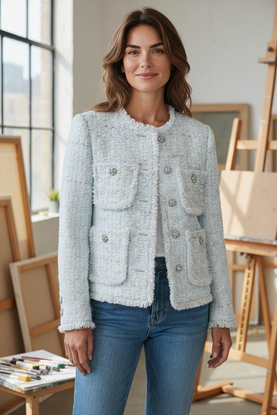 Handmade Light Blue Tweed Jacket | Bouclé Blazer With Crystal