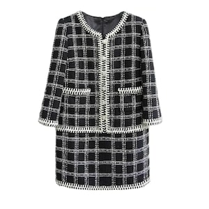 Handmade tweed boucle check pattern dress with diamond trim