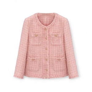 Handmade Pink Tweed Boucle Jacket – Gold Button Detail, Soft Pastel Women’s Blazer, Elegant Classic Outerwear, Chic Spring Fashion