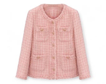 Handmade Pink Tweed Boucle Jacket – Gold Button Detail, Soft Pastel Women’s Blazer, Elegant Classic Outerwear, Chic Spring Fashion