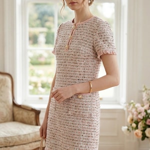 Handmade Embellished Frayed Metallic Tweed Mini Dress | Pearl Jeweled Button Shift Dress | Wedding Guest | Brunch Outfit | Spring Fashion |