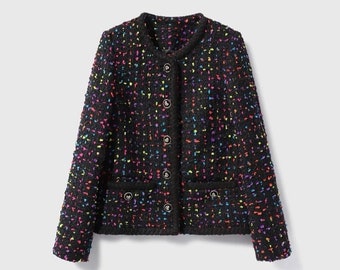 Handgemaakt tweed bouclé multi dots zwart jasje met gedraaide rand