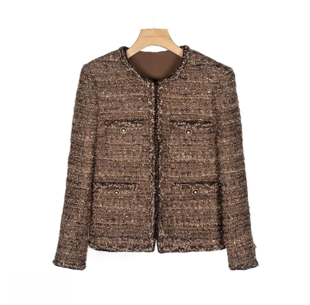 Handmade Tweed Boucle Brown jacket with fluffy details gold accents