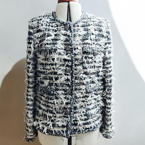 Handmade Black and White Tweed Jacket, Fringe Detailing, Silver Buttons, Textured Women’s Blazer, Classic Elegant Outerwear, Vintage-Inspire