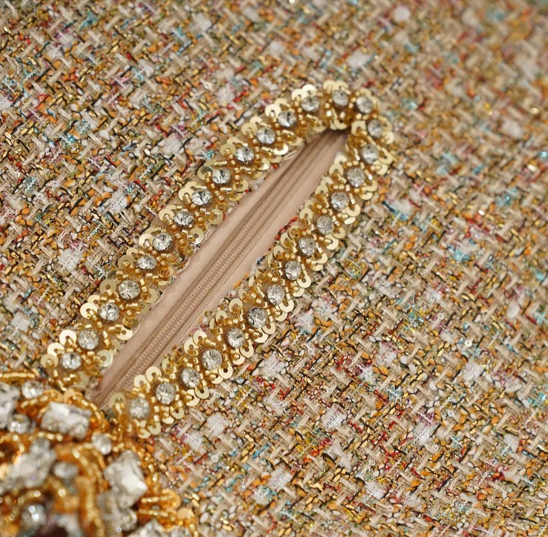 Handmade Tweed Boucle Gold Tinsel Boucle Mini Dress with Diamonds Handmade Tweed Boucle Gold Tinsel Boucle Mini Dress with Diamonds
