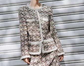 Handgemaakte tweed bouclé-set voor dames | Op vintage geïnspireerde combi-set | Elegant pak in Parijse stijl | Klassieke tweedelige outfit