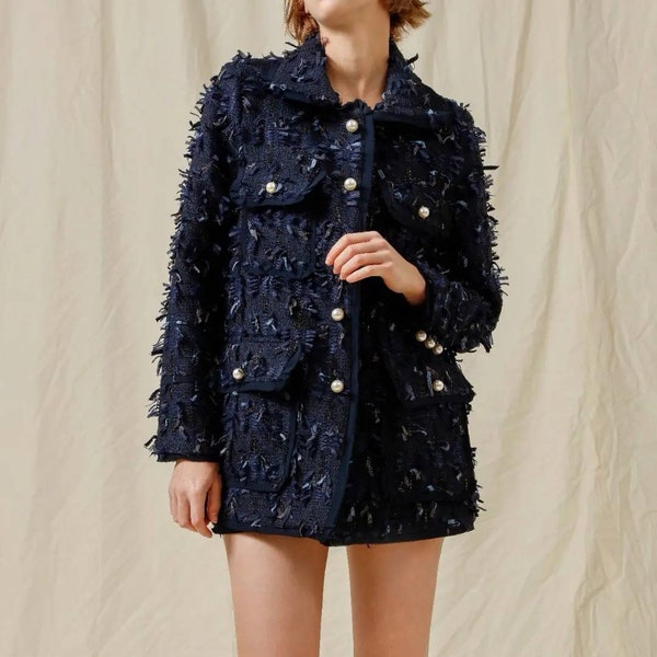 Handgemachte Jacke aus Tweed Boucle in Marineblau mit Fransen uniqle Design Gr. XL