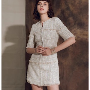 Handmade tweed boucle slim fit beige&white mix mini dress with zip