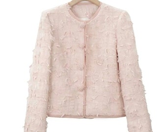 Handmade tweed boucle pink jacket with tassel & floral embroidery button