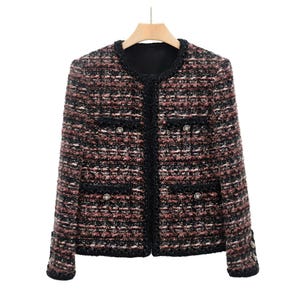 Handmade Tweed Bouclé Jacket, Vintage-Inspired Black Pink Cropped Blazer, Elegant Wool Cardigan, Fall Winter Statement Outerwear