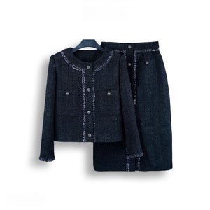 Handmade Tweed Suit Set for Women - Elegant Jacket & Skirt with Silver Accents, Classic and Chic Outfit