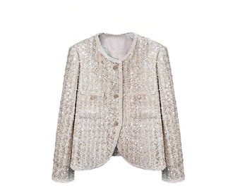 Handmade tweed boucle champagne sequin jacket with metallic sparkle button