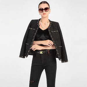 Handmade Black Tweed Pearl & Gold Beaded Jacket – Elegant Bouclé Blazer, Luxury Statement Outerwear, Vintage-Inspired Women&#39;s Fashion