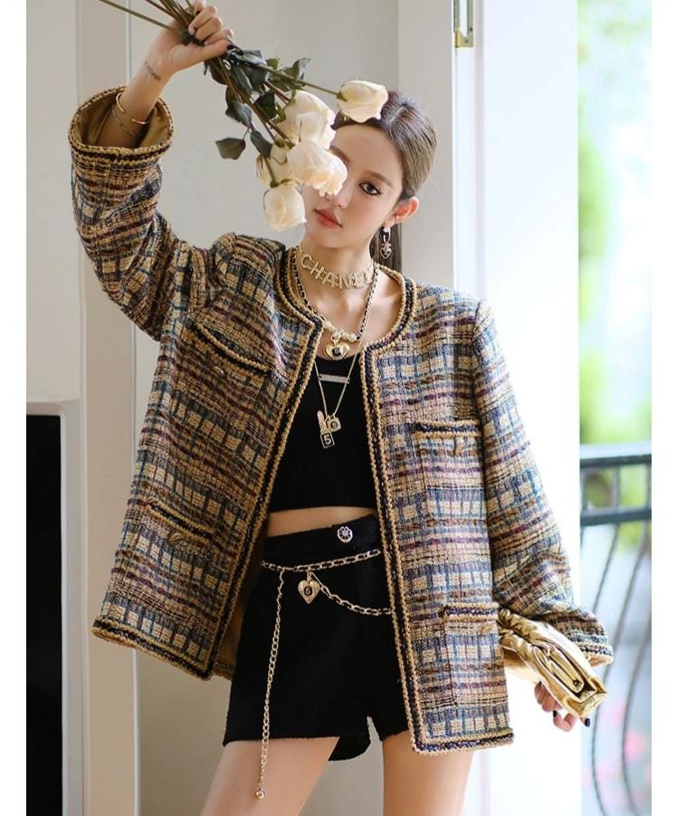 Oversized Handmade Multicolored Tweed Jacket – Vintage Inspired Boucle Blazer with hook and Pockets for Women