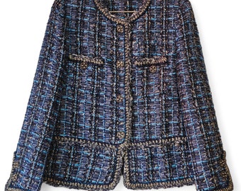 Handmade Tweed Boucle Denim Blue Jacket With Pearl Detail Button