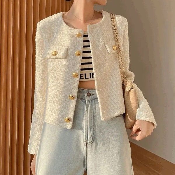 Handmade tweed boucle ivory jacket with gold button