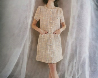 Handmade tweed boucle multi pink short sleeve pearl dress jacket