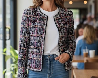 Ręcznie robiona kurtka z tweedu bouclé – marynarka w wielokolorową kratę inspirowaną stylem vintage, elegancka odzież wierzchnia damska, klasyczny francuski styl