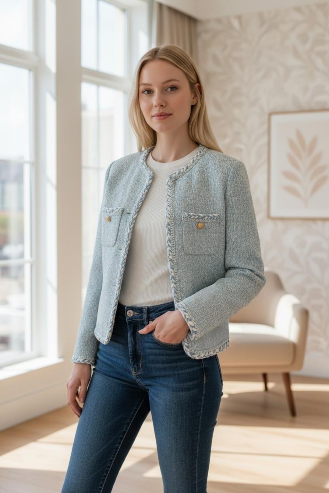 Handmade Light Blue Tweed Jacket: Braided Trim, Gold Buttons - Etsy