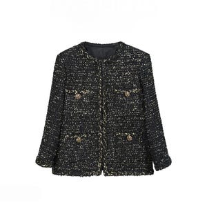 Handmade Black Tweed Bouclé Jacket with Gold Accents | Chain Trim Elegant Blazer | Vintage-Inspired Women’s Outerwear