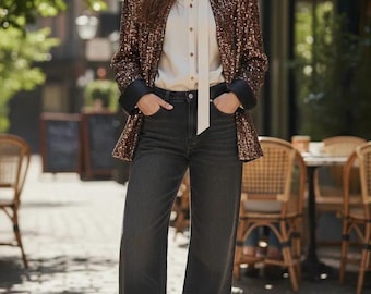 Blazer artesanal de lentejuelas oro rosa – Chaqueta de fiesta para mujer con ribete negro