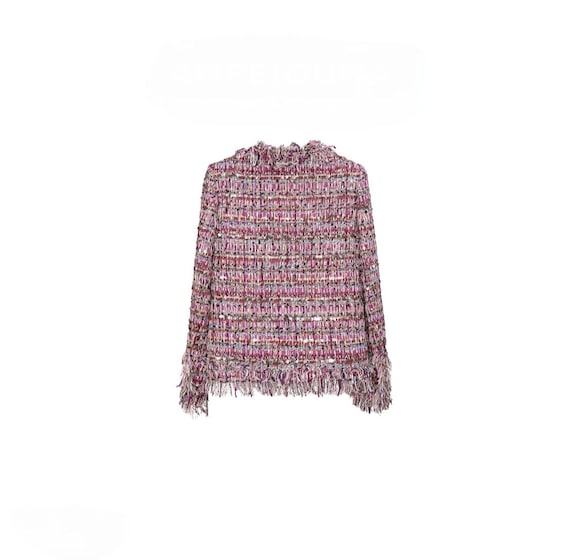 Handmade Pink Tweed Fringe Jacket, Sequin Bouclé Blazer, Vintage