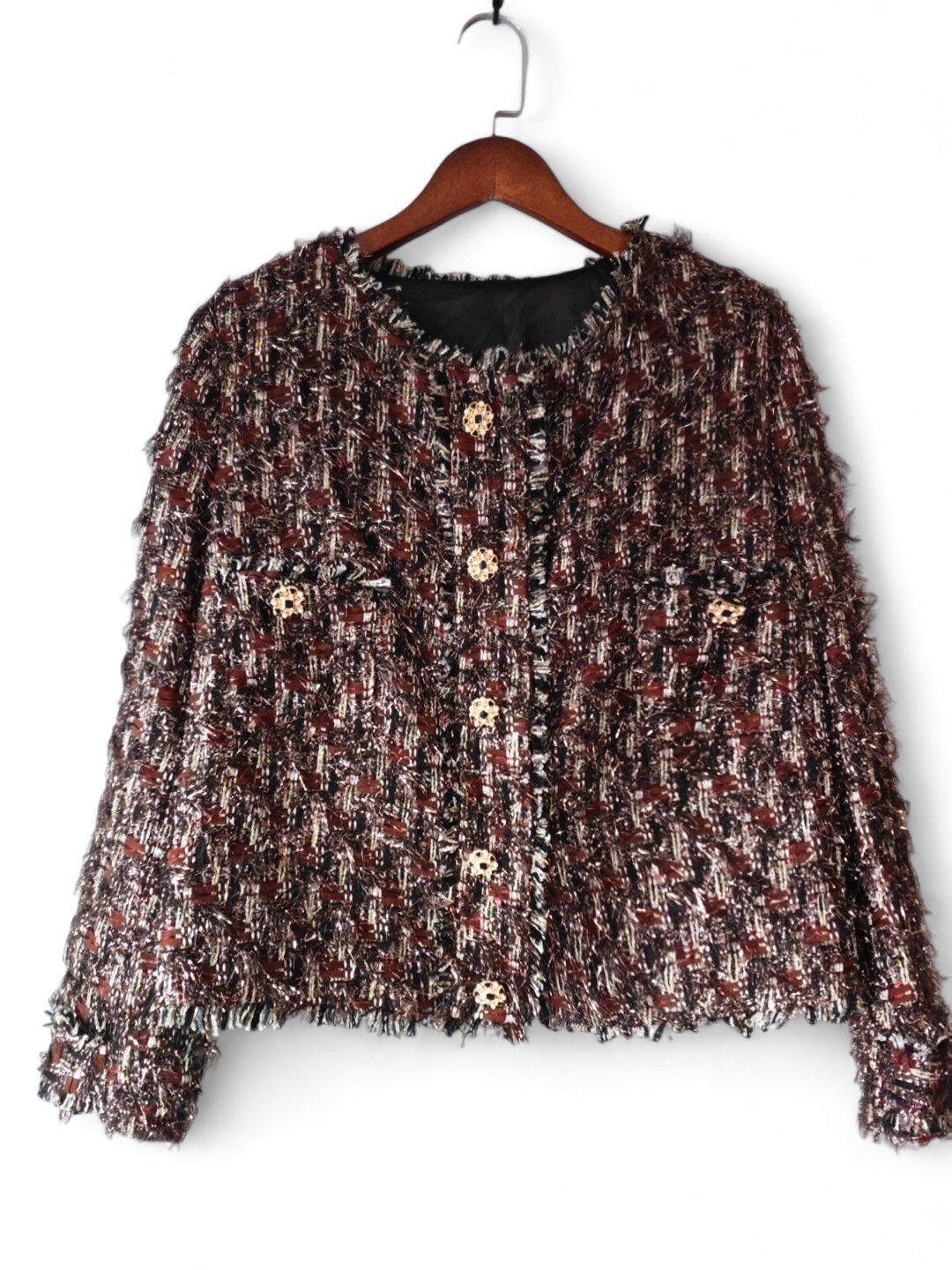 Bariloche Brillo Boucle Tweed Collarless Jacket With Raw Edge Red