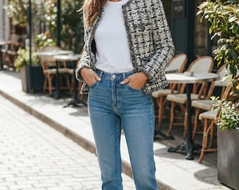 Schwarz Weiß Boucle Tweed Kurzjacke | Fransenbesatz Blazer, Kragenloser Webmantel