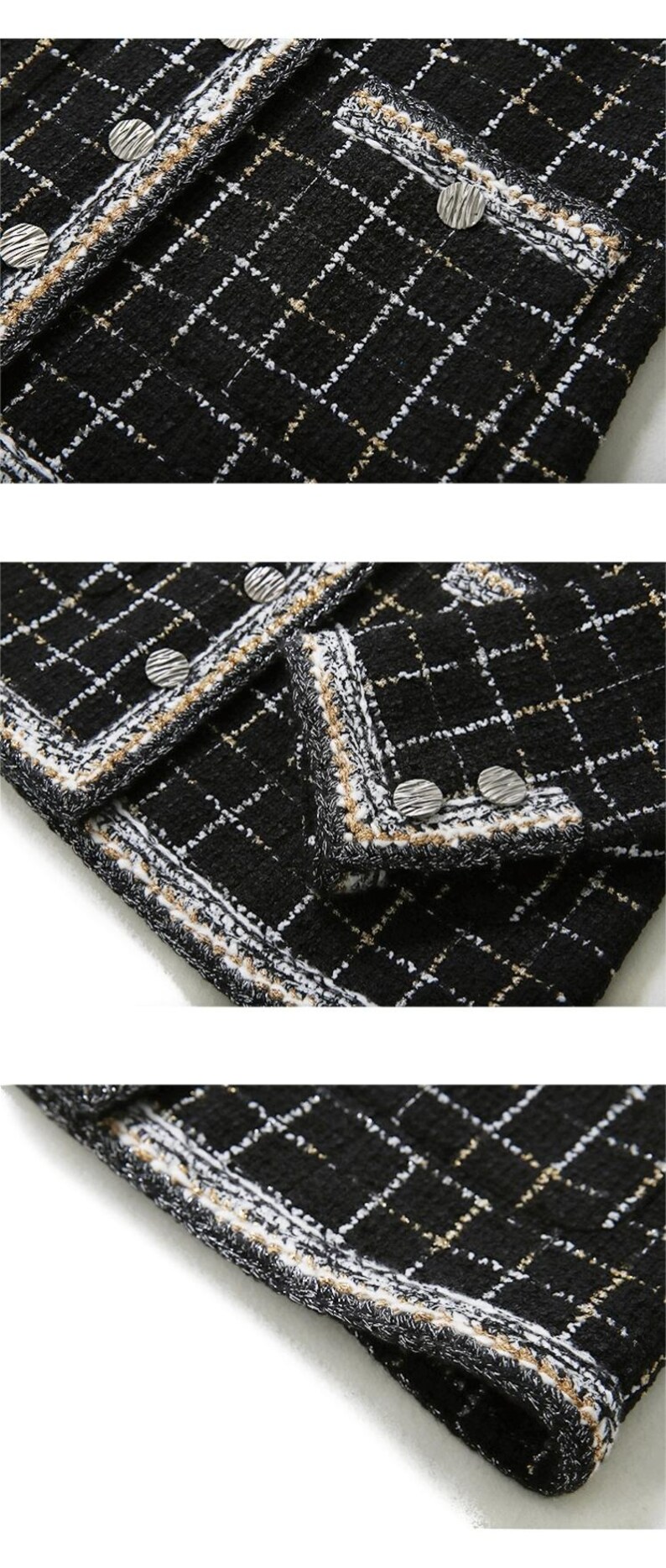 May include: Black and white tweed fabric with a gold thread woven into the pattern. The fabric has a white and beige trim around the edges.