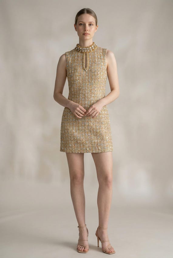 boucle mini dress Miss Circle Coco White Boucle Tweed V Waist Mini Dress XS