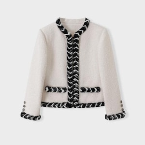 Handmade Cream Tweed Jacket – Black Braided Trim, Elegant Women’s Blazer, Classic Textured Outerwear, Vintage-Inspired Statement Jacket