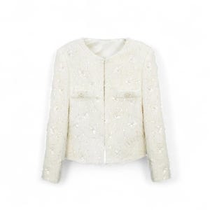 Handmade Tweed Boucle Ultra Soft White Jacket With Floral Sequin