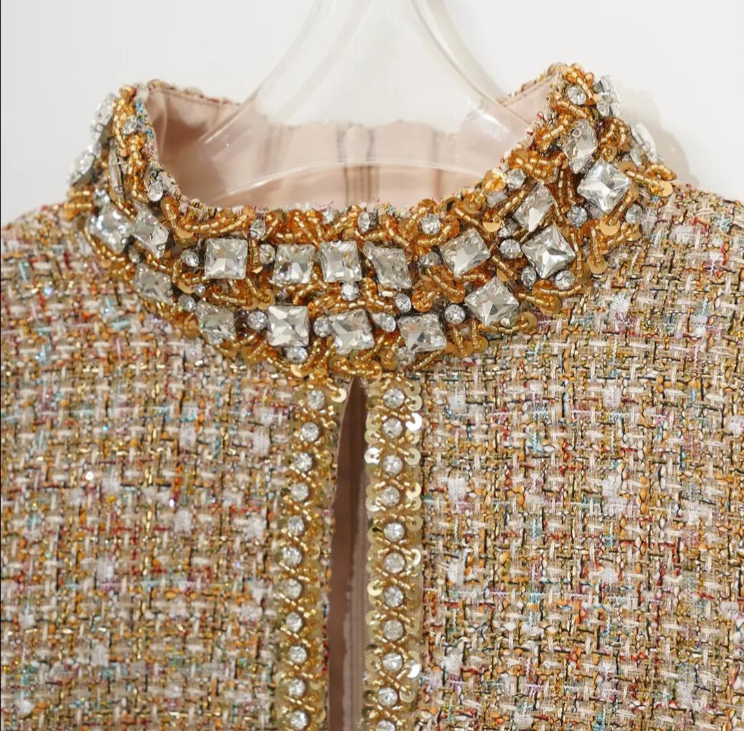 Handmade Tweed Boucle Gold Tinsel Boucle Mini Dress with Diamonds Handmade Tweed Boucle Gold Tinsel Boucle Mini Dress with Diamonds