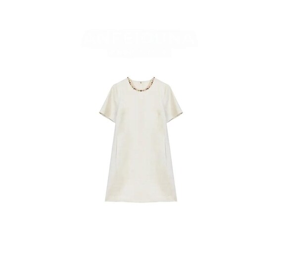 Cream Linen Blend Shift Dress: Beaded Neckline, Shimmer Party Dress