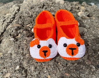 Cute Orange Bear Baby Booties , Handmade Knit Baby Shoes