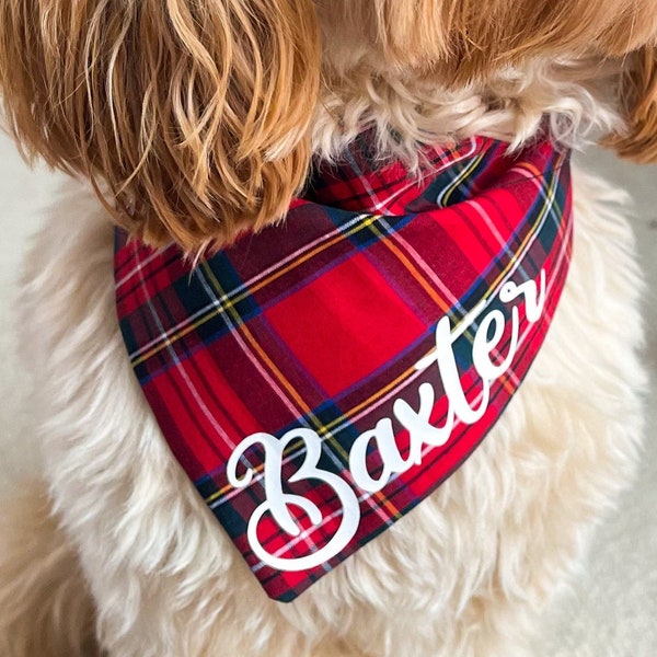 Personalised Dog Bandana, Red Tartan Slide On Over Collar, Classic Tartan, Puppy Dog Owner Gift, Pet Accessory