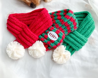 Dog Scarf, Personalised Christmas Pet Knitted Scarf with Pompom