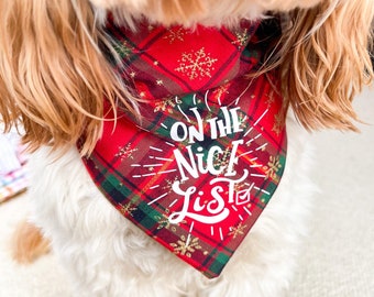 Christmas Dog Bandana, Tartan Dog Accessory, Naughty Nice List, Funny Over the Collar Neckerchief, Red Festive Tartan Check