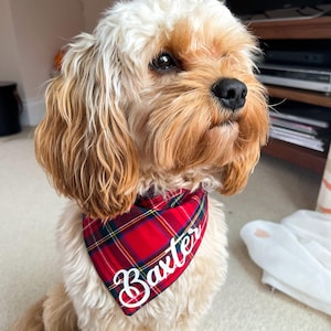 Personalised Dog Bandana, Red Tartan Slide On Over Collar, Classic Tartan, Puppy Dog Owner Gift, Pet Accessory