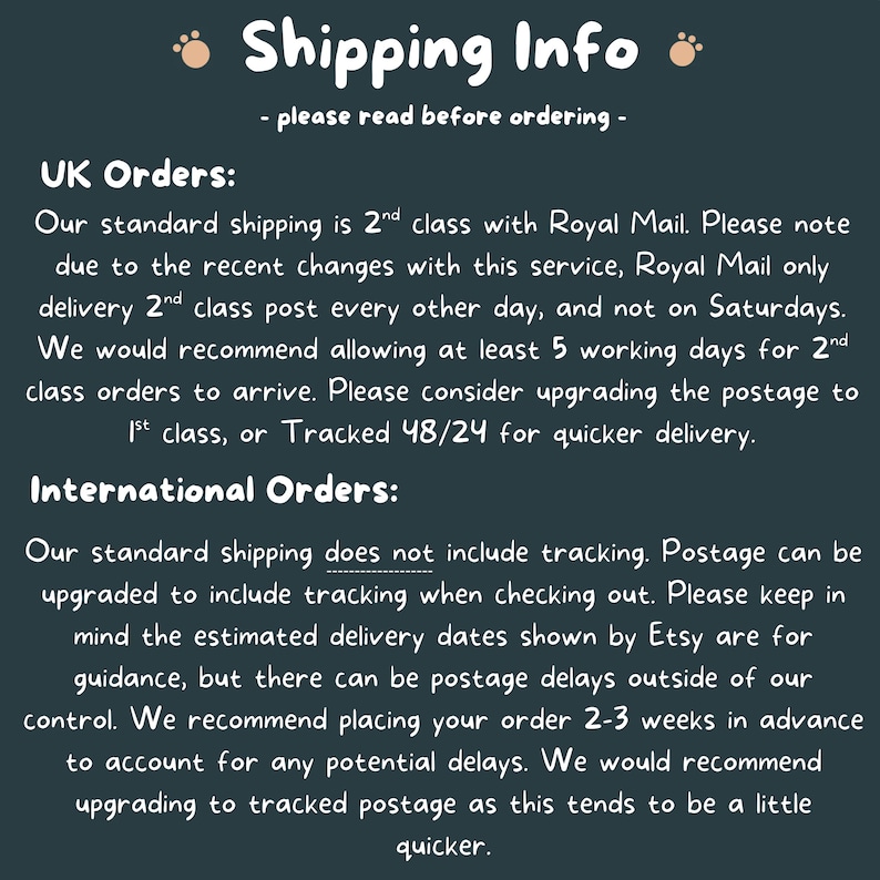 text that provides shipping information for both UK and international orders. It advises on the shipping service, the standard shipping class, and the tracking of international orders. The text also mentions the estimated delivery dates and suggests placing the order 2-3 weeks in advance to account for potential delays.