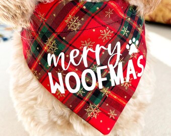 Christmas Dog Bandana, Merry Woofmas, Red Tartan