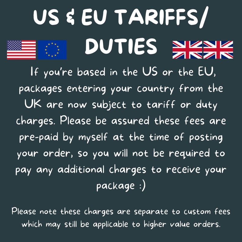 text in English that provides information about US and EU Tariffs/Duties for packages entering the US or EU from the UK. It also mentions that these fees are separate to custom fees, which may still be applicable to higher value orders.