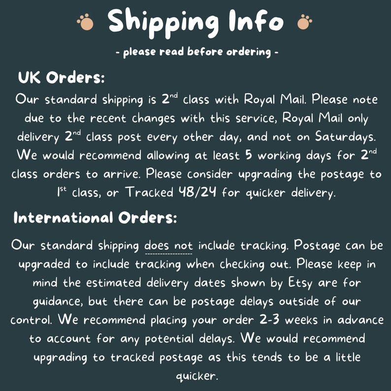 text that provides shipping information for both UK and international orders. It advises on the shipping service, the standard shipping class, and the tracking of international orders. The text also mentions the estimated delivery dates and suggests placing the order 2-3 weeks in advance to account for potential delays.