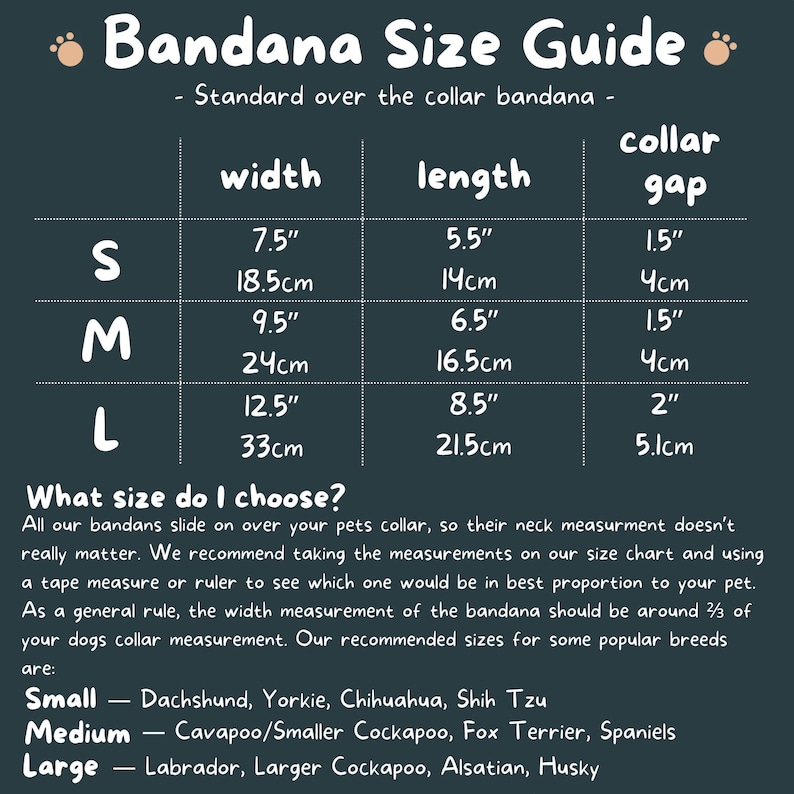 The image is a guide that provides size recommendations for different types of bandanas based on the collar size of the pet. It suggests using a tape measure or ruler to determine the best proportion of the bandana to the pet's collar measurement, and it lists recommended sizes for various pet breeds.