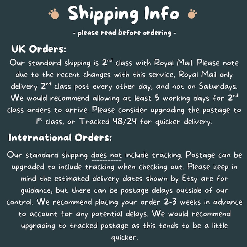 text that provides shipping information for both UK and international orders. It advises on the shipping service, the standard shipping class, and the tracking of international orders. The text also mentions the estimated delivery dates and suggests placing the order 2-3 weeks in advance to account for potential delays.