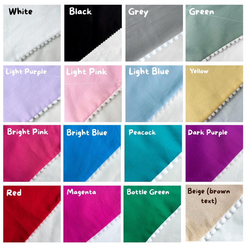 May include: A grid of sixteen fabric swatches in various colors including white, black, grey, green, light purple, light pink, light blue, yellow, bright pink, bright blue, peacock, dark purple, red, magenta, bottle green, and beige, each with white pom-pom trim.