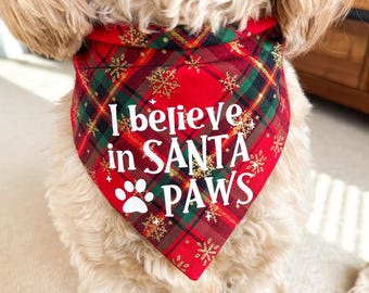 Christmas Dog Bandana, I Believe in Santa Paws, Red Tartan