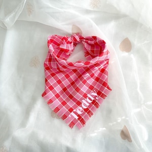 Tie Up Dog Bandana, Personalised Dog Accessory, Pink Gingham Tartan Frayed Edge Scarf