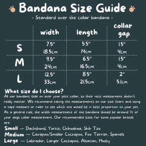 The image is a guide that provides size recommendations for different types of bandanas based on the collar size of the pet. It suggests using a tape measure or ruler to determine the best proportion of the bandana to the pet's collar measurement, and it lists recommended sizes for various pet breeds.