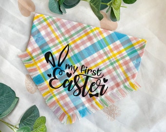 First Easter Dog Bandana | Pastel Tartan Dog Accessory, Puppy Gift, Frayed Neck Scarf, Slide on Collar